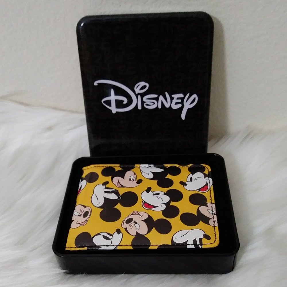 Disney Yellow Mickey and Minnie Bi-fold Wallet with Metal Tin Gift